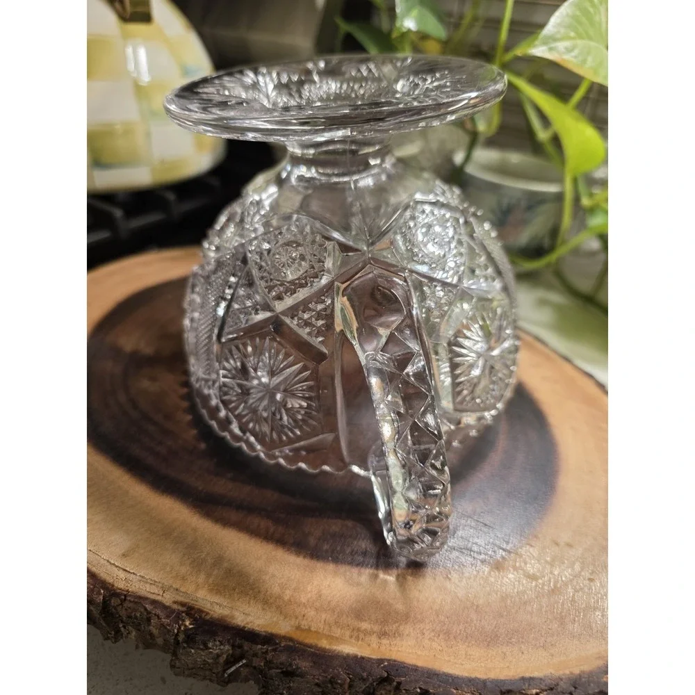 Vintage Pressed Glass‎ Pedestal Candy Dish Bowl Double Handle Cut Star Pattern